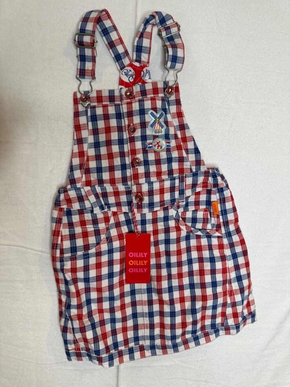 Oilily Druppel Pinafore Red White Blue Twill Weave Check Dress NWT Sz 104 (4Y)